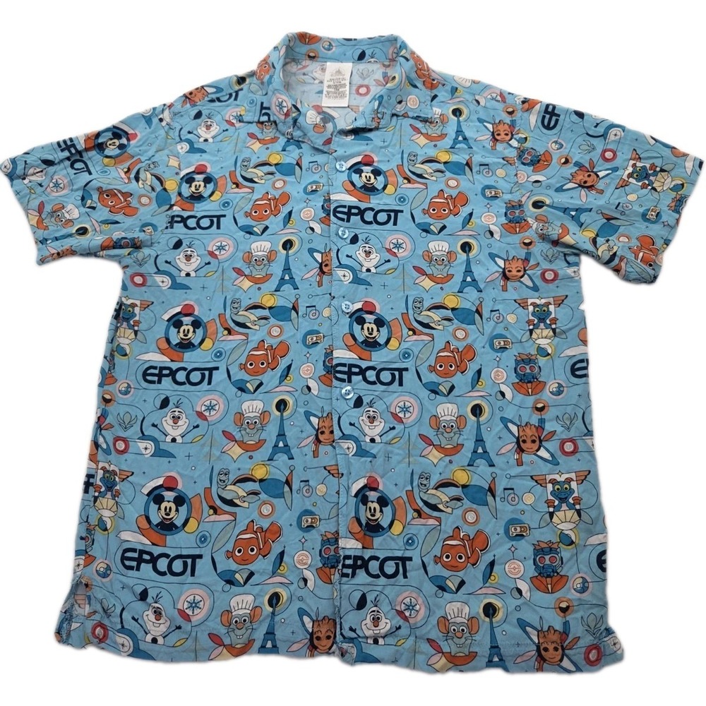 Disney EPCOT Shirt Mens L Mickey Figment Nemo Remy Olaf All Over Print Button Up